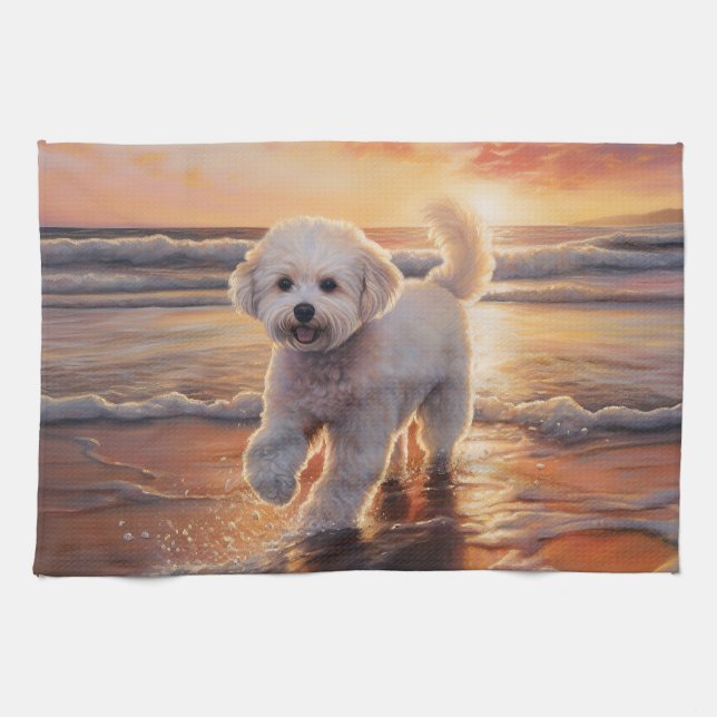 Sandy Paws Bichon Frise Dog on Beach Sunset  Kitchen Towel (Horizontal)