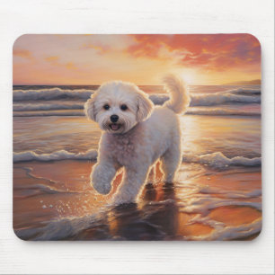 Sandy Paws Bichon Frise Dog on Beach Sunset Mouse Pad