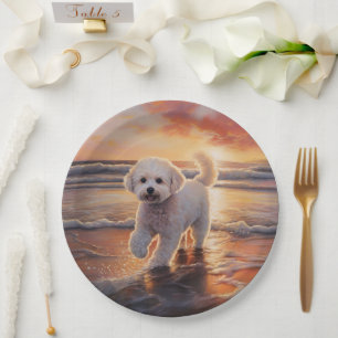 Sandy Paws Bichon Frise Dog on Beach Sunset  Paper Plate