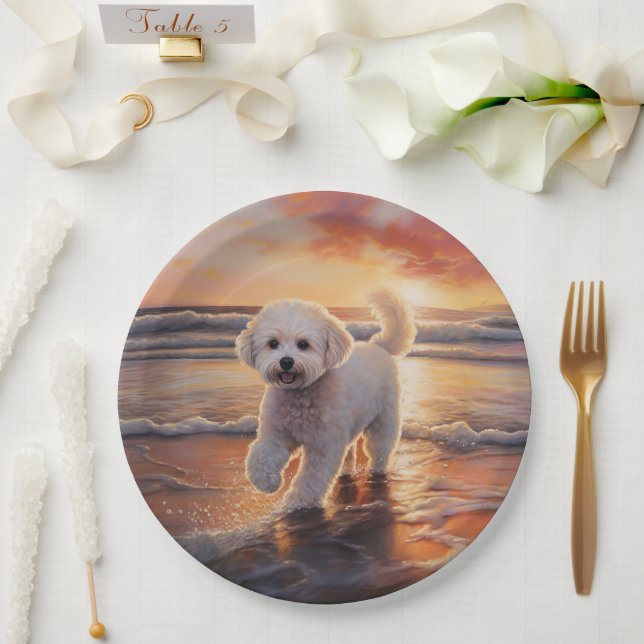 Sandy Paws Bichon Frise Dog on Beach Sunset  Paper Plate (Wedding)