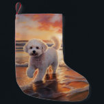 Sandy Paws Bichon Frise Dog on Beach Sunset  Small Christmas Stocking<br><div class="desc">Immerse yourself in the tranquil beauty of our "Sandy Paws and Sunset Hues" dog on beach sunset design. This captivating scene captures the essence of a perfect evening at the shore, with a loyal canine companion enjoying the golden sands and the breathtaking hues of the setting sun. Whether you're a...</div>