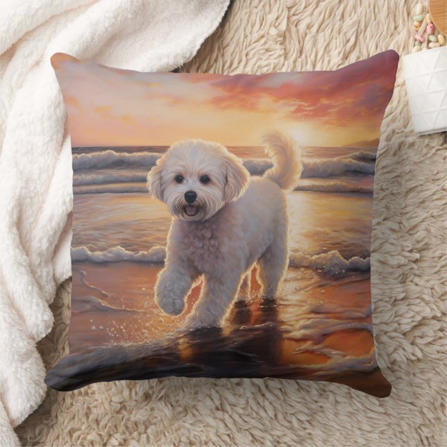 Sandy Paws Bichon Frise Dog on Beach Sunset  Throw Pillow (Blanket)