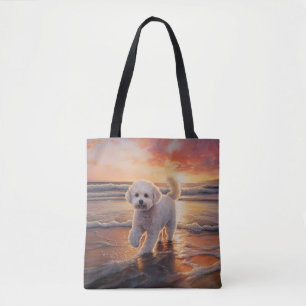 Sandy Paws Bichon Frise Dog on Beach Sunset Tote Bag