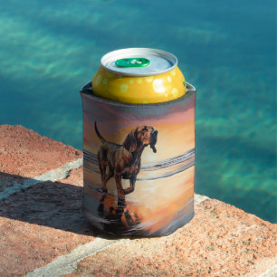 Sandy Paws Bloodhound Dog on Beach Sunset Can Cooler