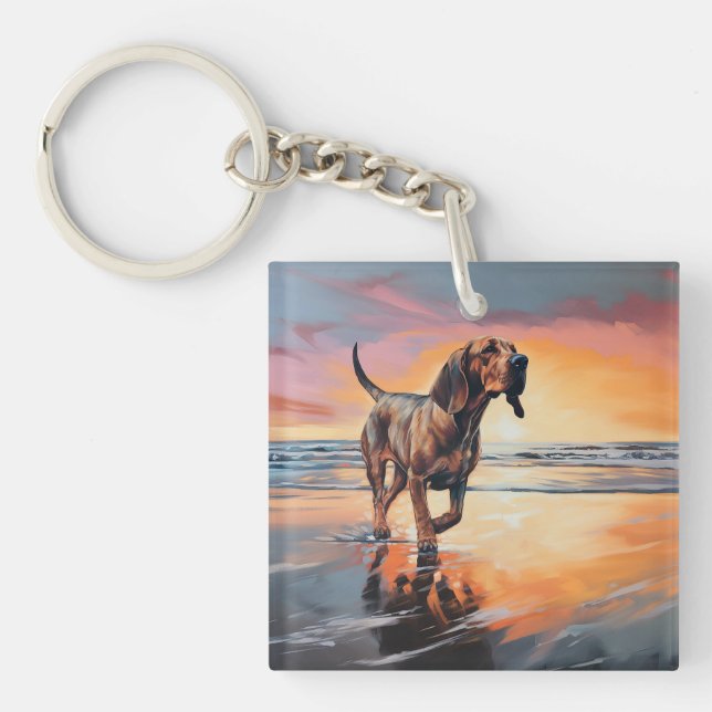 Sandy Paws Bloodhound Dog on Beach Sunset  Keychain (Front)
