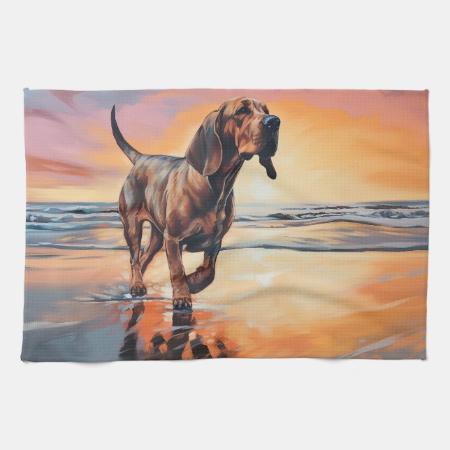 Sandy Paws Bloodhound Dog on Beach Sunset  Kitchen Towel (Horizontal)