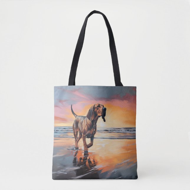Sandy Paws Bloodhound Dog on Beach Sunset  Tote Bag (Front)