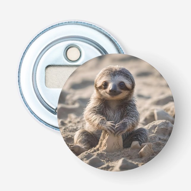 Sandy Shores: Baby Sloth Building Sand Castles, Bottle Opener (Front)
