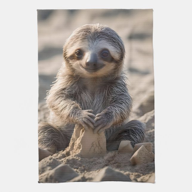 Sandy Shores : Baby Sloth Building Sand Castles, Kitchen Towel (Vertical)