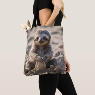 Sandy Shores: Baby Sloth Building Sand Castles, Tote Bag