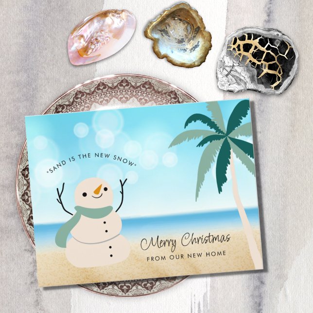 Sandy Snowman Palm Tree on Beach Holiday Moving Announcement Postcard (Creator Uploaded)