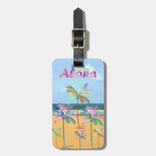 Sandy tropical beach watercolor palm trees luggage tag