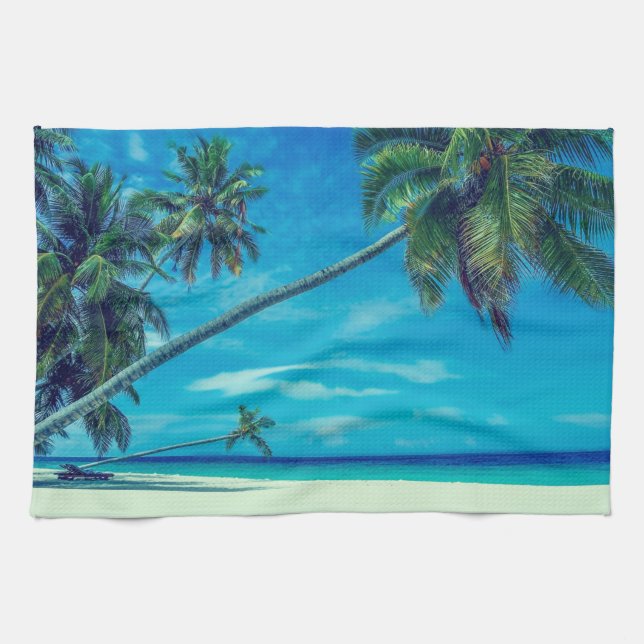 Sandy White Beach with Tropical Palm Trees Kitchen Towel (Horizontal)