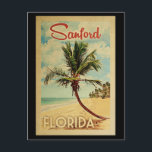 Sanford Palm Tree Vintage Travel Postcard<br><div class="desc">A uniquely retro mid-century modern Sanford Florida art print in vintage travel poster style. It features a curved palm tree on sandy beach with ocean under a blue cloudy sky.</div>