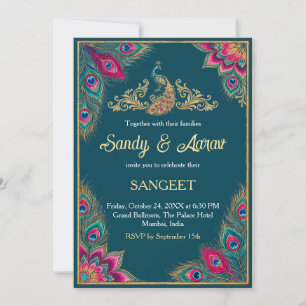Sangeet Invitation Teal Gold Peacock Mandala