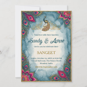 Sangeet Night Invite Blue Watercolor Peacock