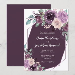 Sangria Dark Purple Floral Geometric Wedding   Invitation