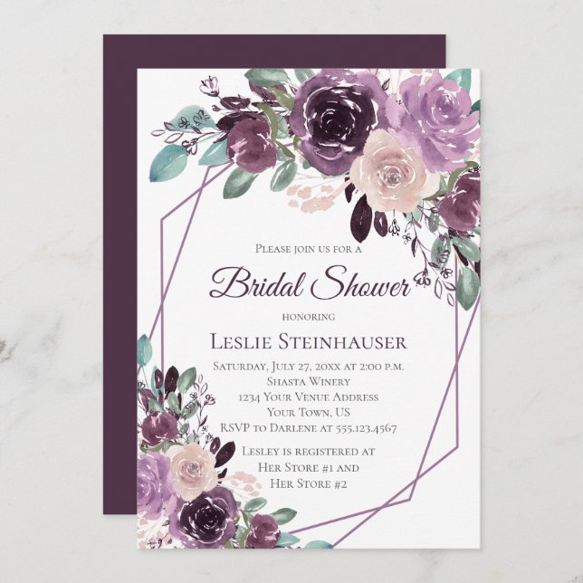 Sangria Purple Mauve Watercolor Bridal Shower Invitation (Front/Back)