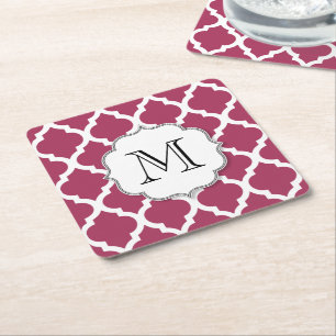 Sangria Red Moroccan Tile w/ Customizable Monogram Square Paper Coaster