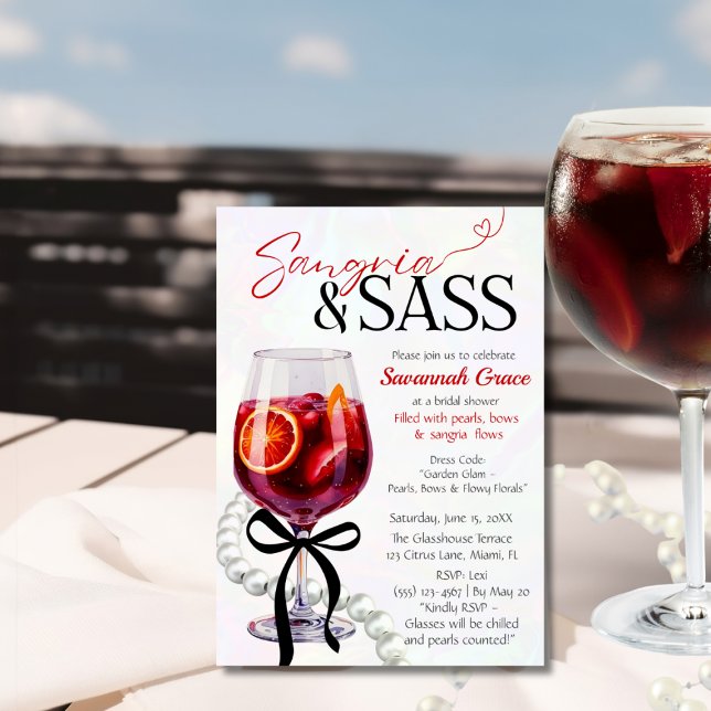 Sangria & Sass Bridal Shower Pearls and bow Invitation (Sangria & Sass Bridal Shower Pearls and bow Invitation)