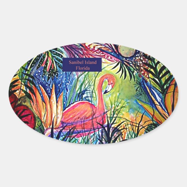 Sanibel Island Flamingo Art Oval Sticker (Front)