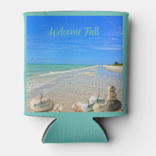 Sanibel Island Florida Beach with Fall Pumpkins Can Cooler