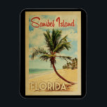 Sanibel Island Magnet Palm Tree Vintage Travel<br><div class="desc">A uniquely retro mid-century modern Sanibel Island Florida art print in vintage travel poster style. It features a curved palm tree on sandy beach with ocean under a blue cloudy sky.</div>