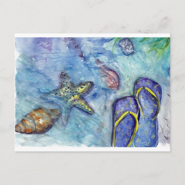 Sanidbel Sandals Watercolor Flip Flops Beach Theme Postcard (Front)
