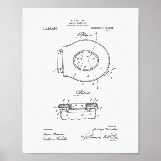 Sanitary Toilet Seat 1922 Patent Art White Paper Poster (Front)