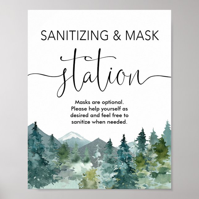 Sanitizing mask station sign rustic mountains (Front)