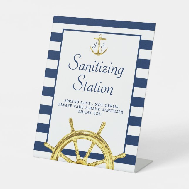 Sanitizing Station Nautical Blue Gold Monogram Pedestal Sign (Front)