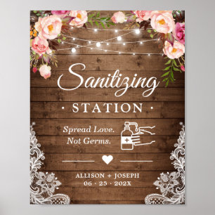 Sanitizing Station Rustic Floral String Lights Poster