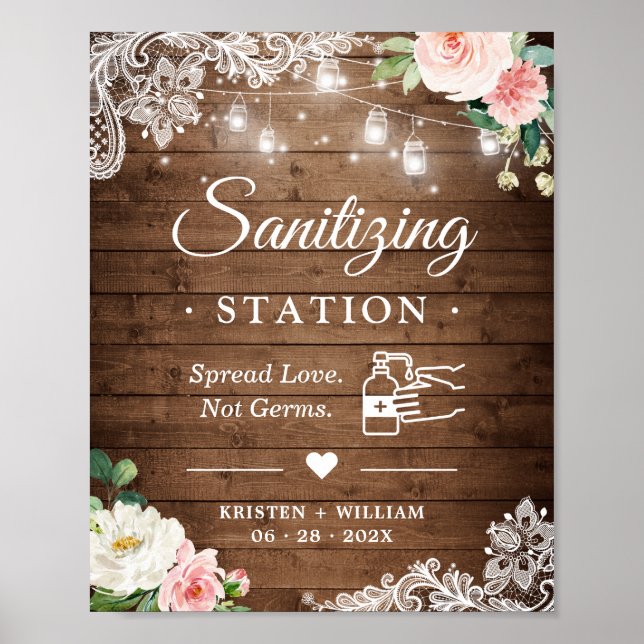 Sanitizing Station Rustic Mason Jar Lights Floral Poster (Front)