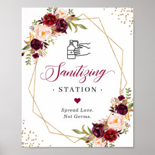 Sanitizing Station Sign Burgundy Floral Gold Frame