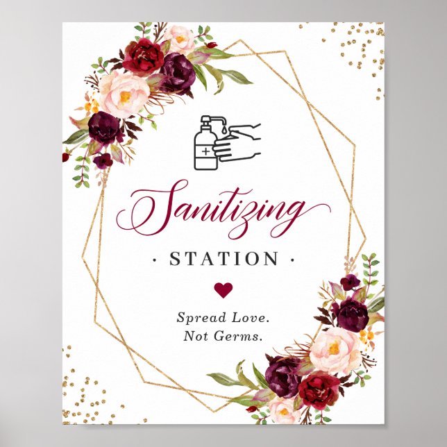 Sanitizing Station Sign Burgundy Floral Gold Frame (Front)