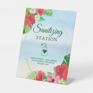 Sanitizing Station Tropical Floral Gold Geometric  Pedestal Sign