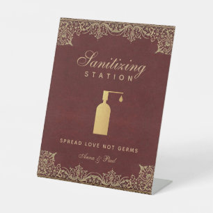 Sanitizing Station Vintage Burgundy Gold Wedding Pedestal Sign