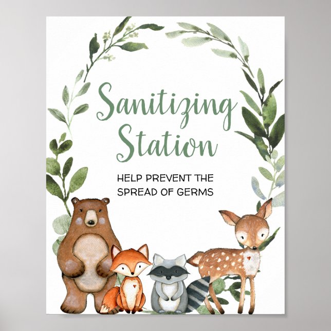 Sanitizing station woodland animals baby shower poster (Front)
