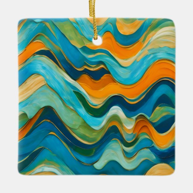 "Sanlúcar" Blue Green Orange Waves Ceramic Ornament (Front)