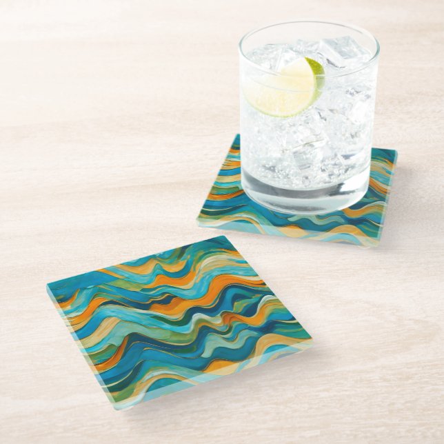 "Sanlúcar" Blue Green Orange Waves Glass Coaster (Angled)