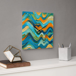 "Sanlúcar" Blue Green Orange Waves Square Wall Clock