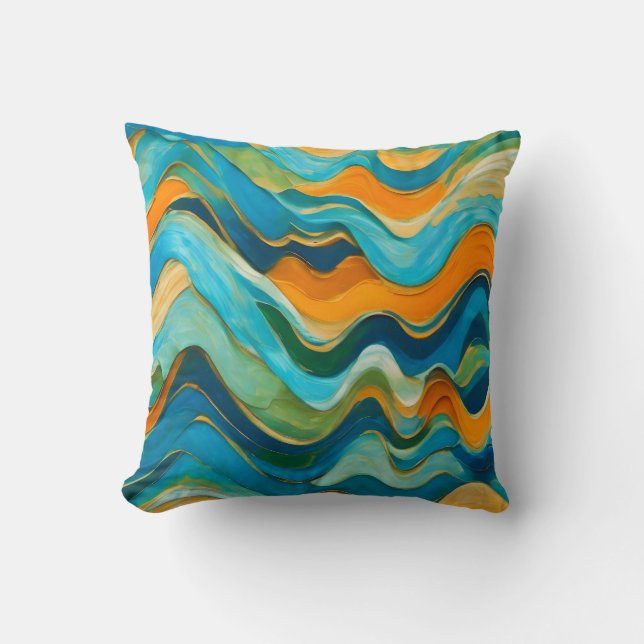 "Sanlúcar" Blue Green Orange Waves Throw Pillow (Front)