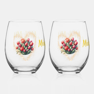 Sans Pied Aquarelle rouge tulipe verre à vin mariage M & Mme