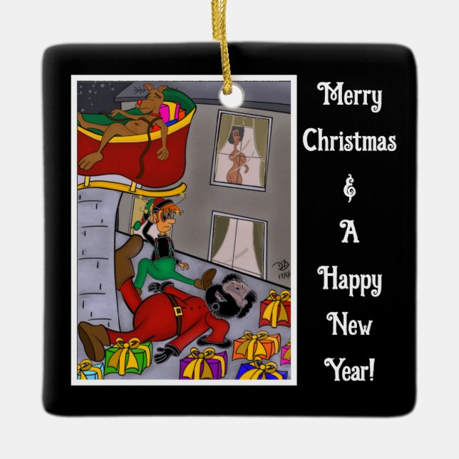 Santa Accident Funny Ceramic Square Ornament (Front)