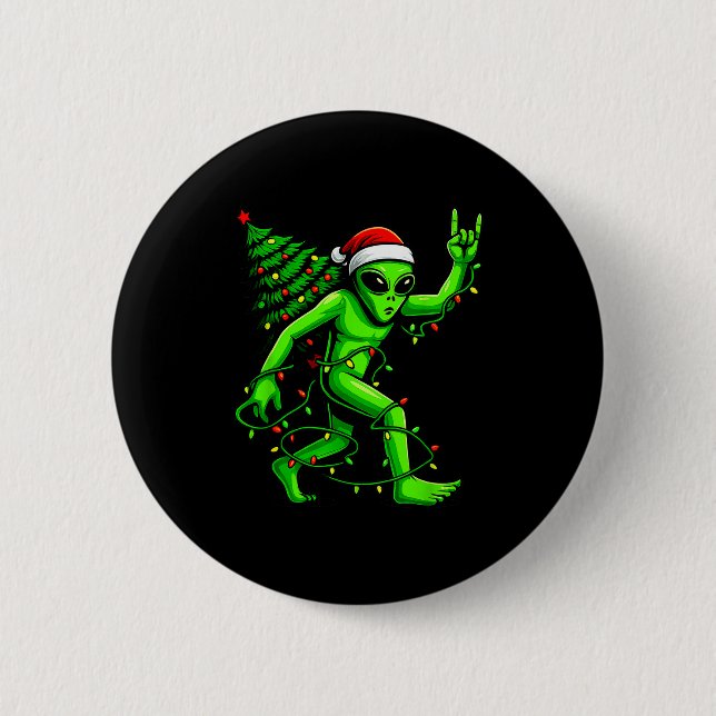 Santa Alien Christmas Tree Xmas Lights Funny Ufo  2 Inch Round Button (Front)
