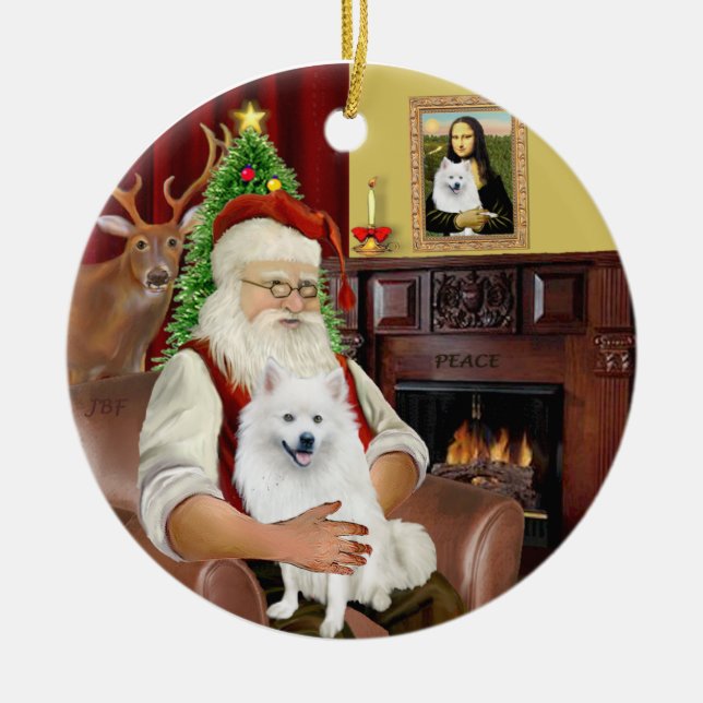 Santa- American Eskimo Dog Ceramic Ornament (Front)