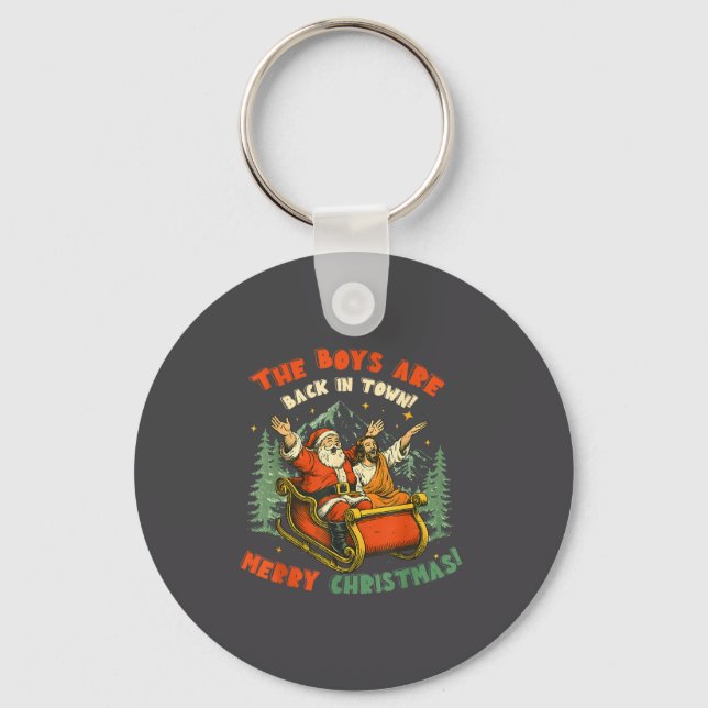Santa &amp; Jesus Back In Town Merry Christmas, Ho Keychain (Front)