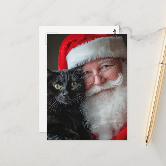 Santa and a Cute Black Cat Postcard (Front/Back In Situ)