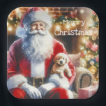 Santa and a Puppy | Vintage Christmas Paper Plate<br><div class="desc">A cute watercolor style ai art depicting Santa holding a puppy dog on his lap on Christmas Eve with vintage vibes. Christmas party paper plates.</div>