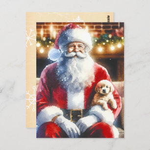 Santa and a Puppy   Vintage Christmas Postcard